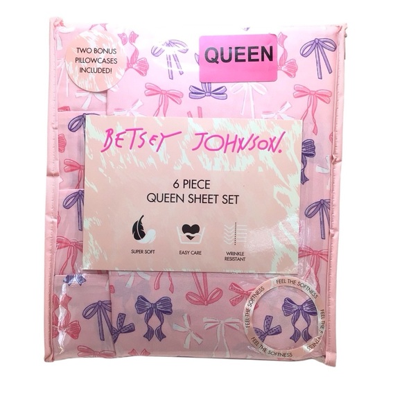 6pc Betsy Johnson Bows & Ribbons Purple Coquette Balletcore Queen Sheet Set - Picture 2 of 4